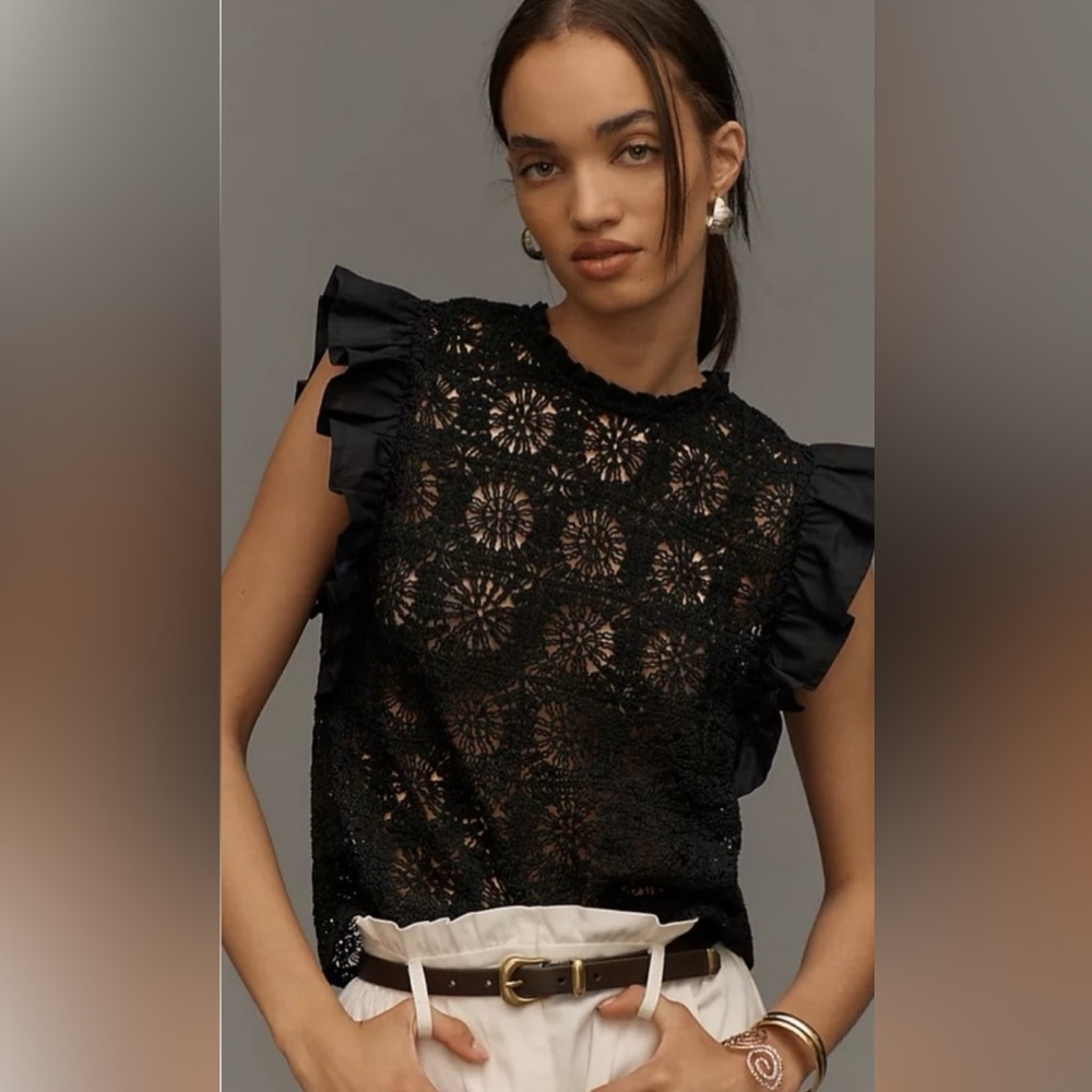 Anthropologie Black Lace Ruffle Sleeve Top